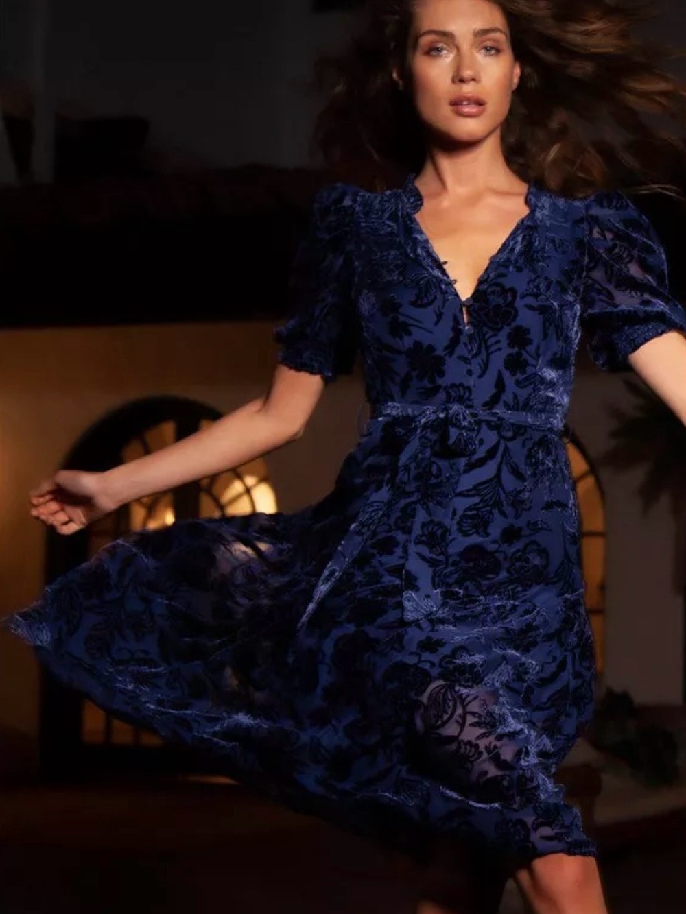 Hale Bob Midnight Blue Floral Velvet Midi Dress